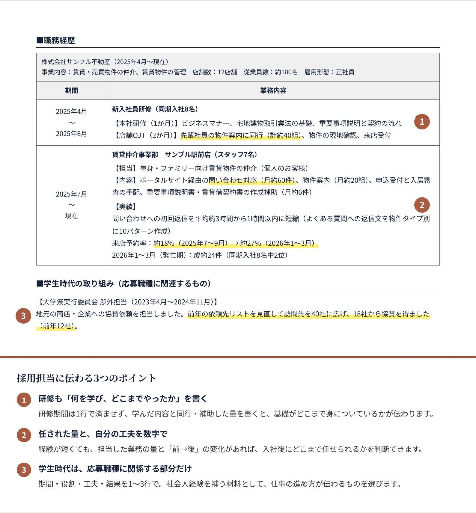 第二新卒・経験が浅い人の職務経歴書の書き方のポイント（注釈付きの記入見本）