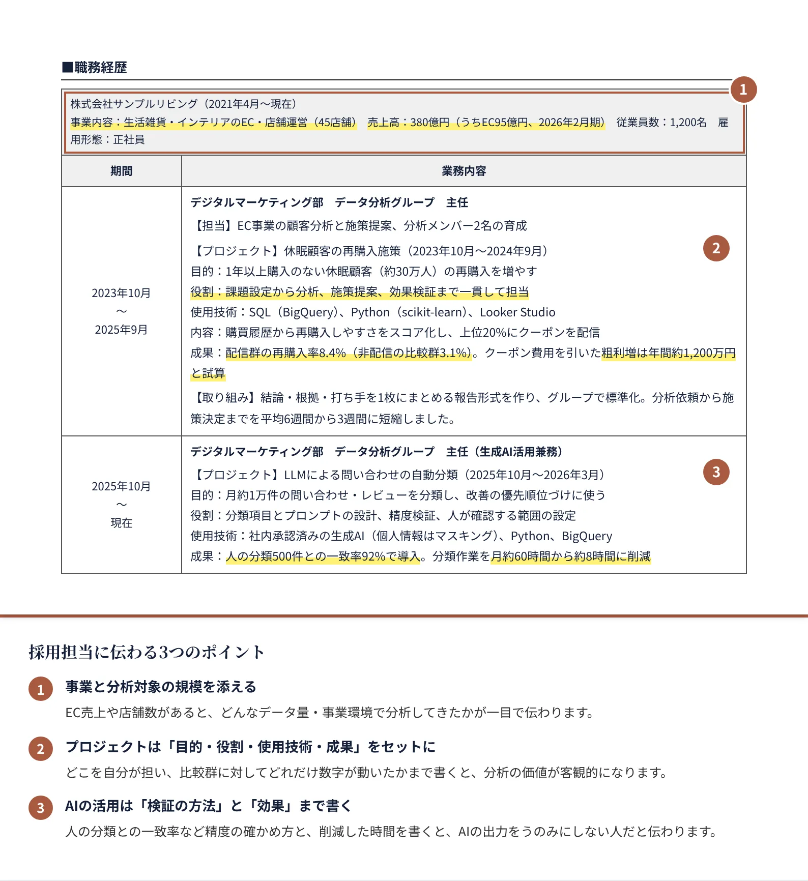 データ分析の職務経歴書の書き方のポイント（注釈付きの記入見本）