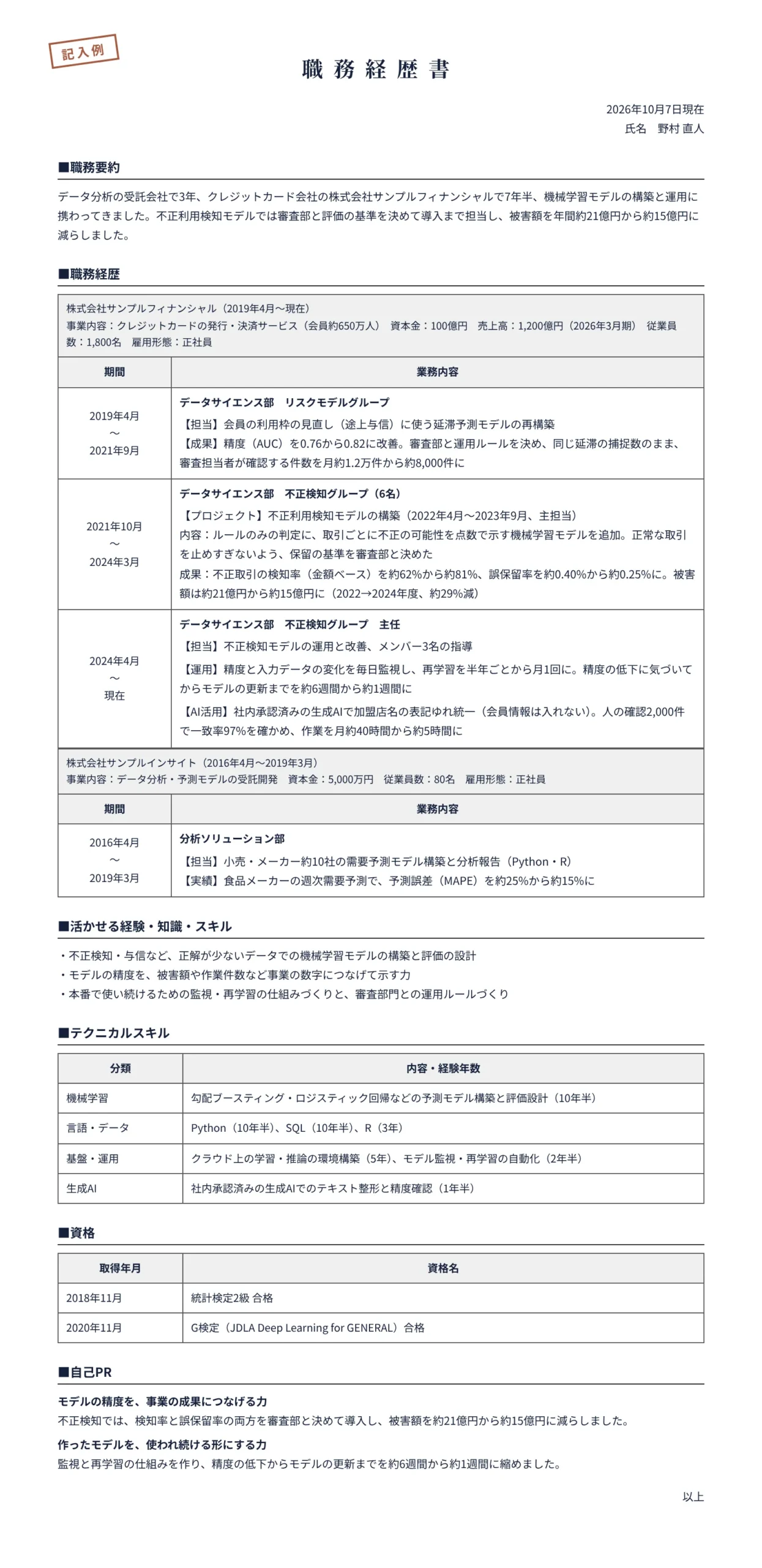データサイエンティストの職務経歴書の記入例(受託会社3年・クレジットカード会社7年半)