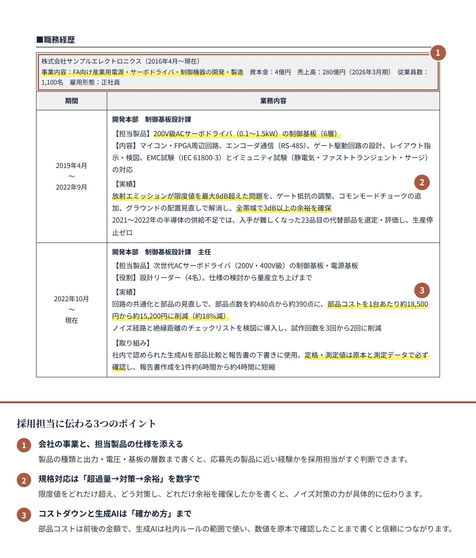 電気・電子設計の職務経歴書の書き方のポイント（注釈付きの記入見本）