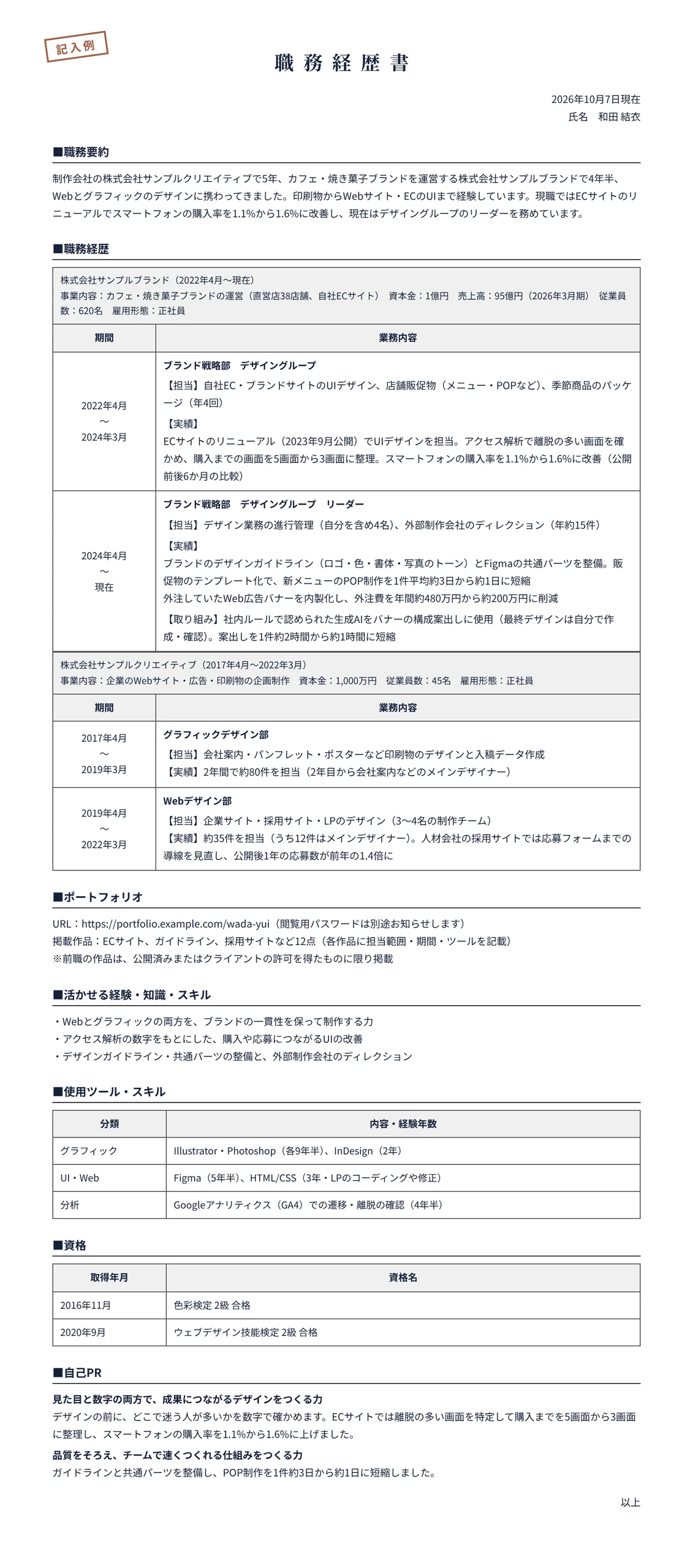 デザイナーの職務経歴書の記入例(制作会社5年・事業会社4年半)