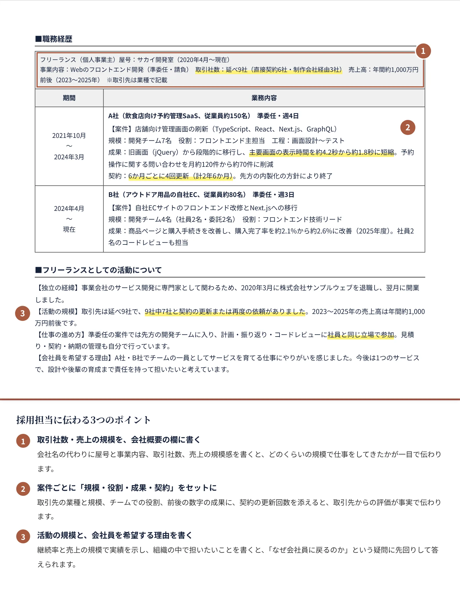 フリーランスから会社員を目指す人の職務経歴書の書き方のポイント（注釈付きの記入見本）