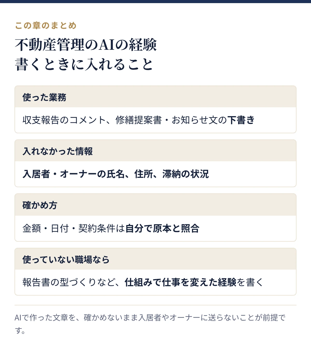 不動産管理がAIの経験を書くときに入れること:使った業務、入れなかった情報、確かめ方、使っていない職場なら