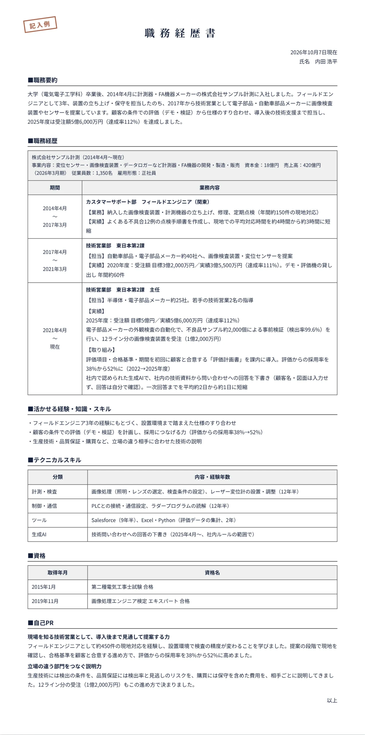 技術営業・セールスエンジニアの職務経歴書の記入例(フィールドエンジニア3年・技術営業9年半)