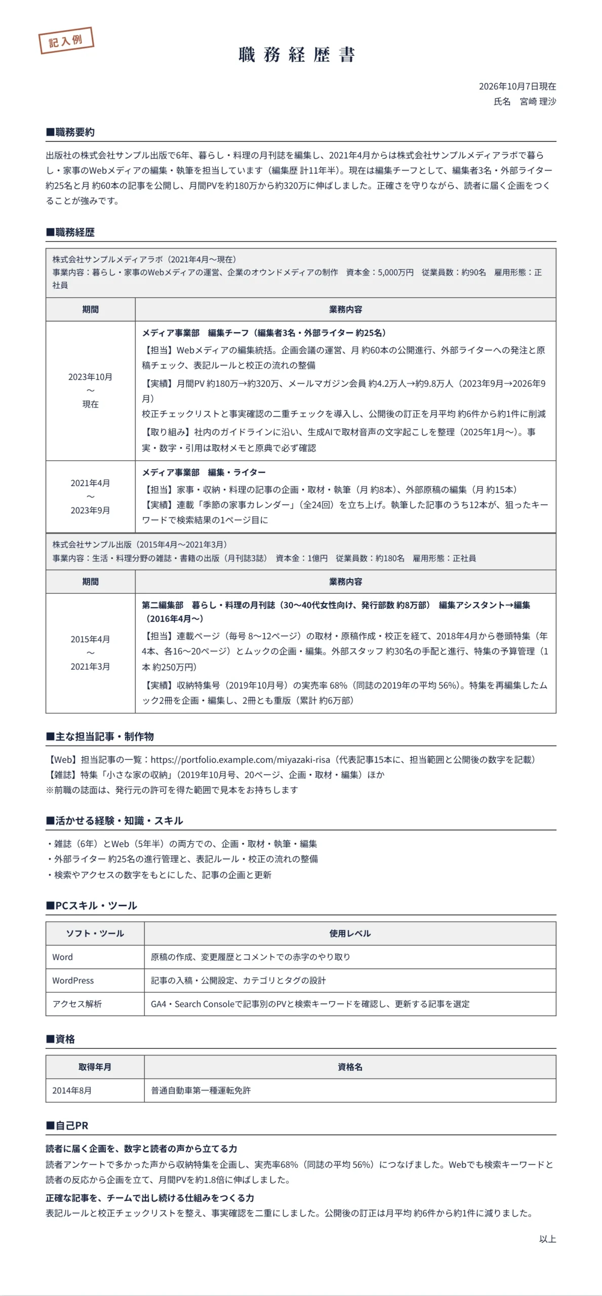 編集・ライターの職務経歴書の記入例(雑誌編集6年・Webメディアの編集チーフ)