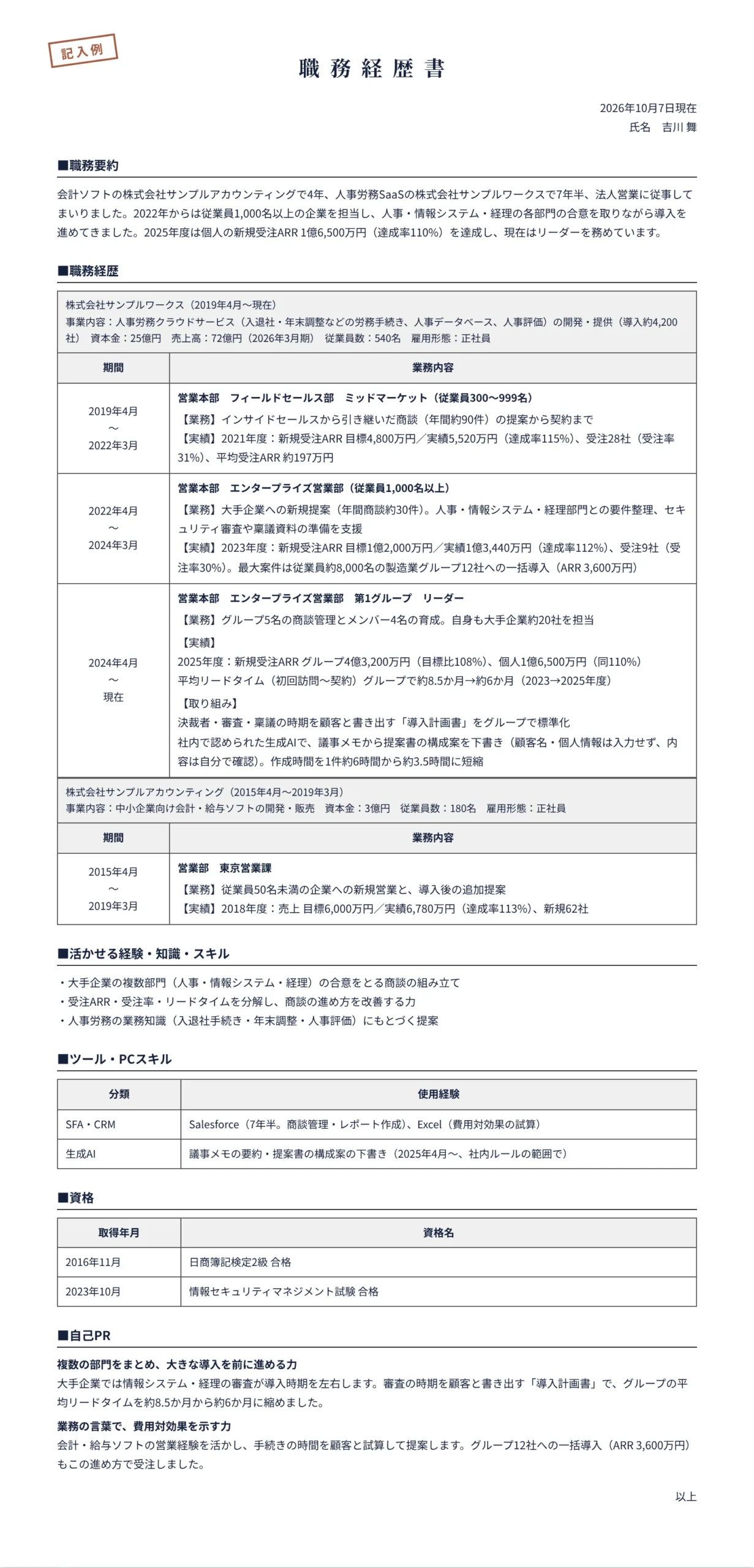 法人営業(IT・SaaS)の職務経歴書の記入例(会計ソフト営業4年・人事労務SaaSのフィールドセールス7年半)