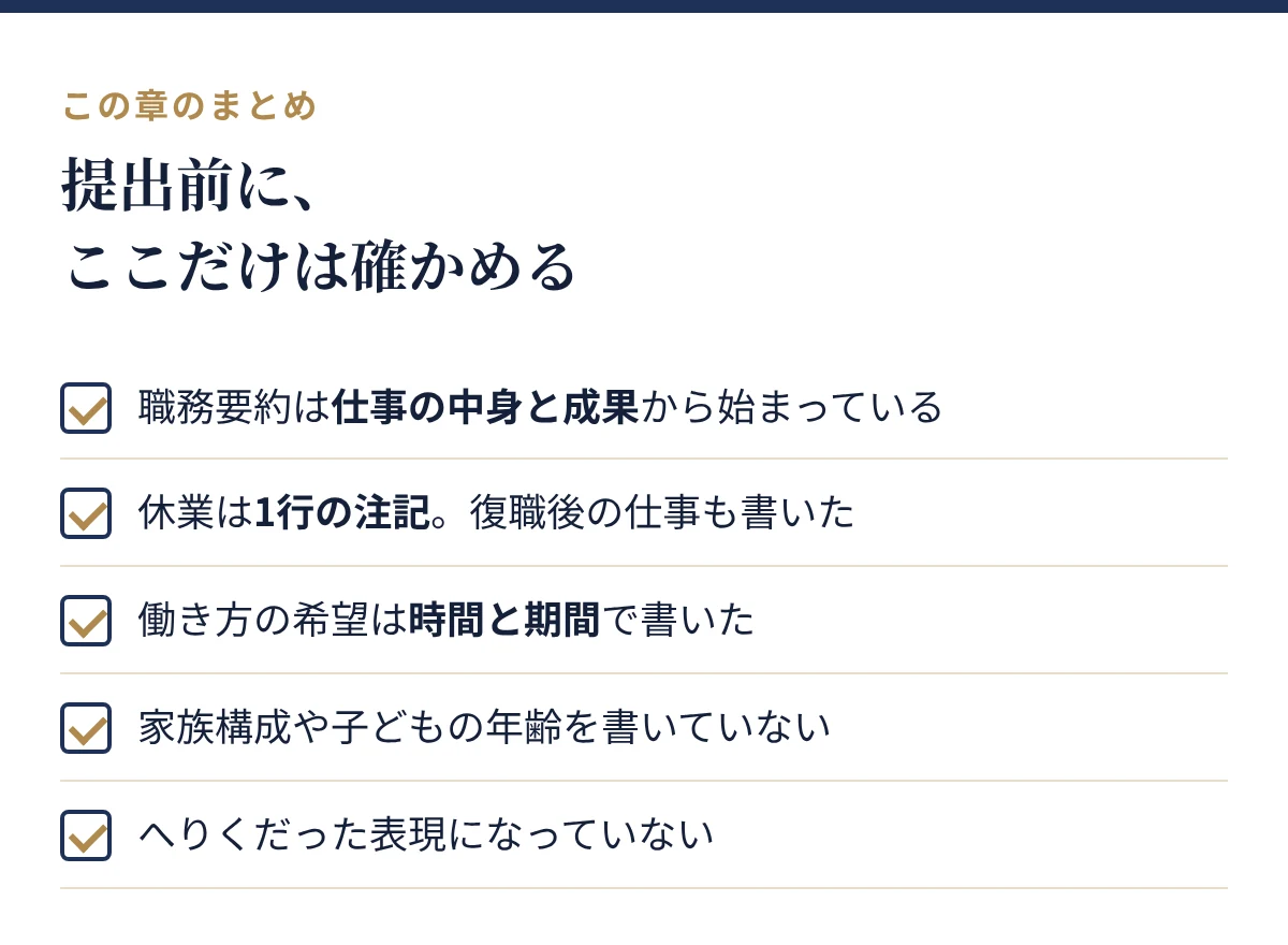 提出前に確かめること。職務要約は仕事の中身から、休業は1行の注記、働き方の希望は時間と期間、家族構成や子どもの年齢を書かない、へりくだらない