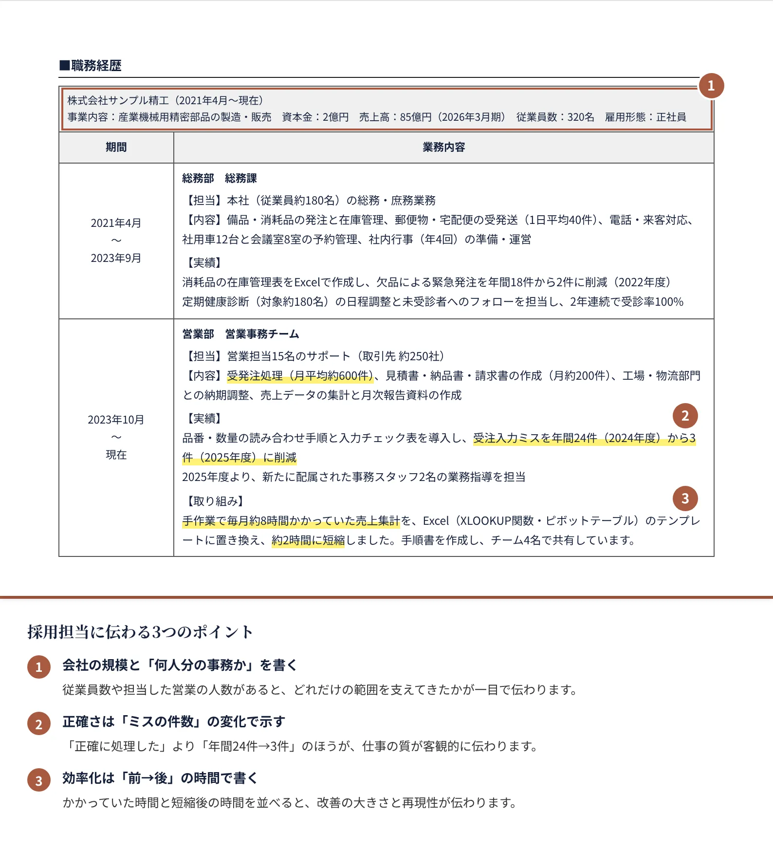 一般事務の職務経歴書の書き方のポイント（注釈付きの記入見本）
