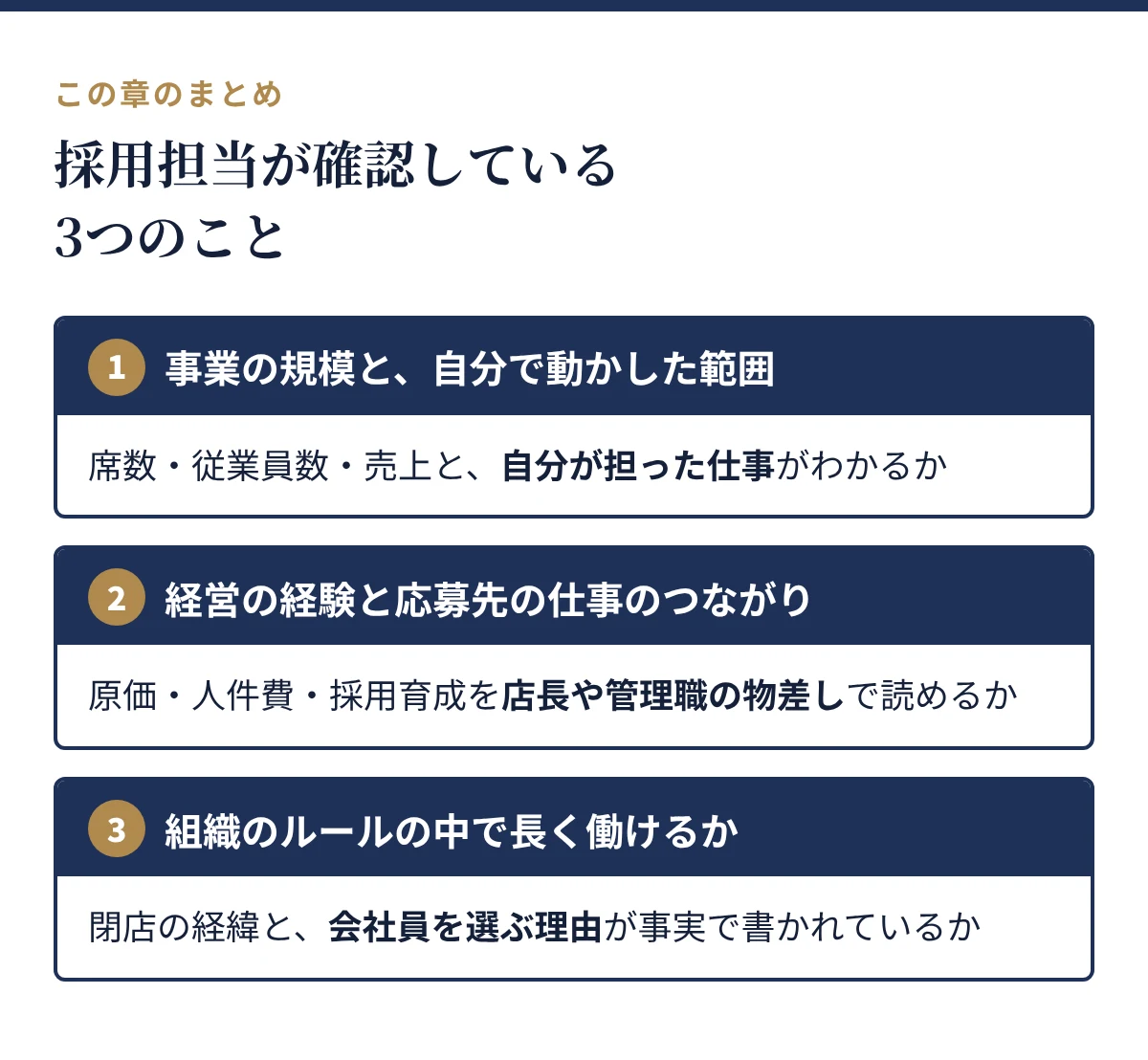 採用担当が確認している3つのこと。事業の規模と自分で動かした範囲、経営の経験と応募先の仕事のつながり、組織のルールの中で長く働けるか