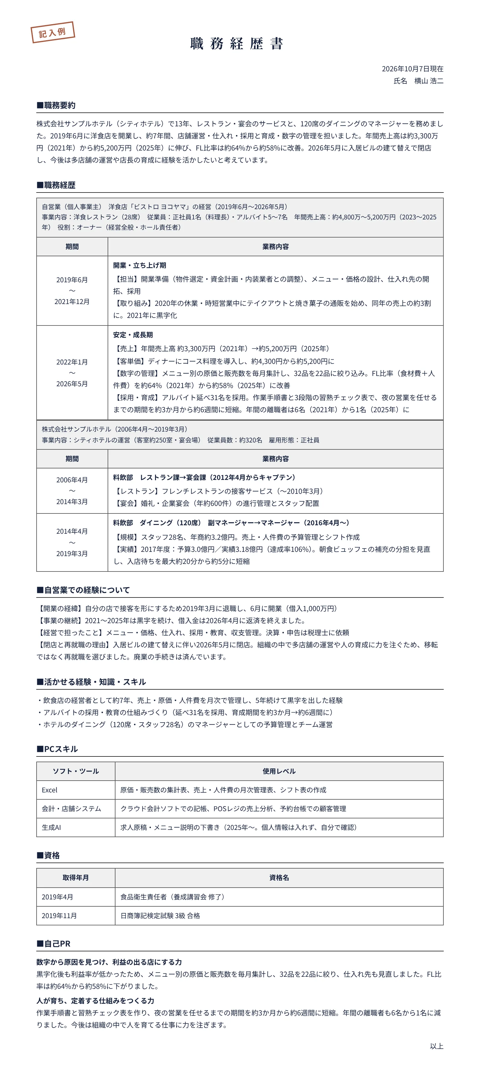自営業から再就職する人の職務経歴書の記入例(ホテル勤務13年、洋食店の経営 約7年)