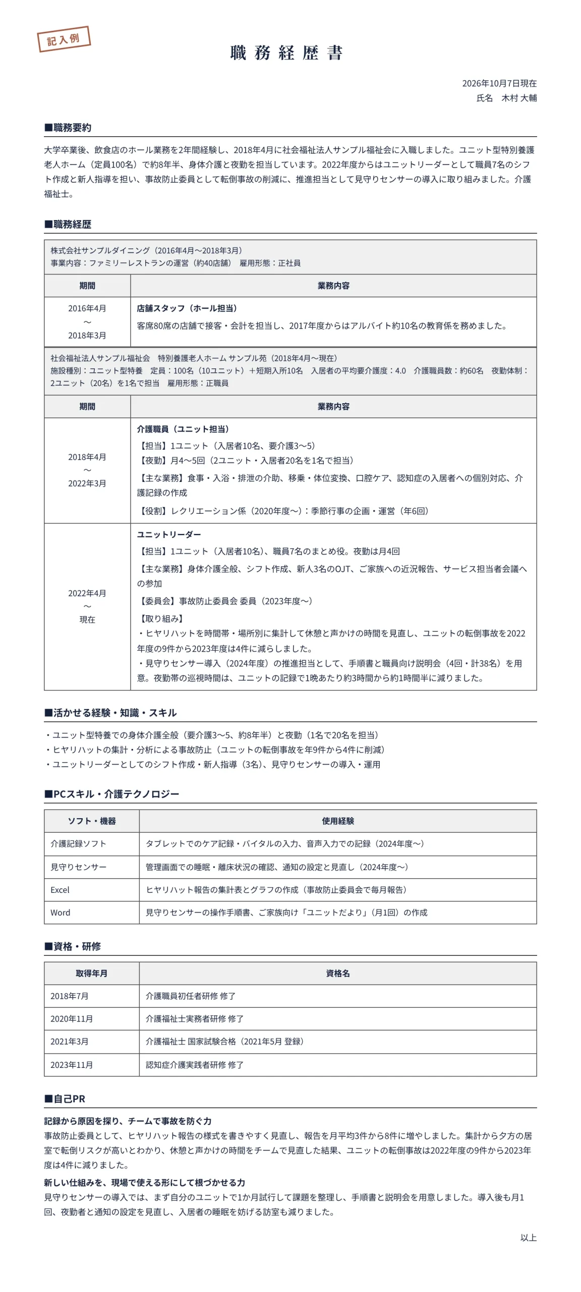 介護職の職務経歴書の記入例(ユニット型特養・約8年半)