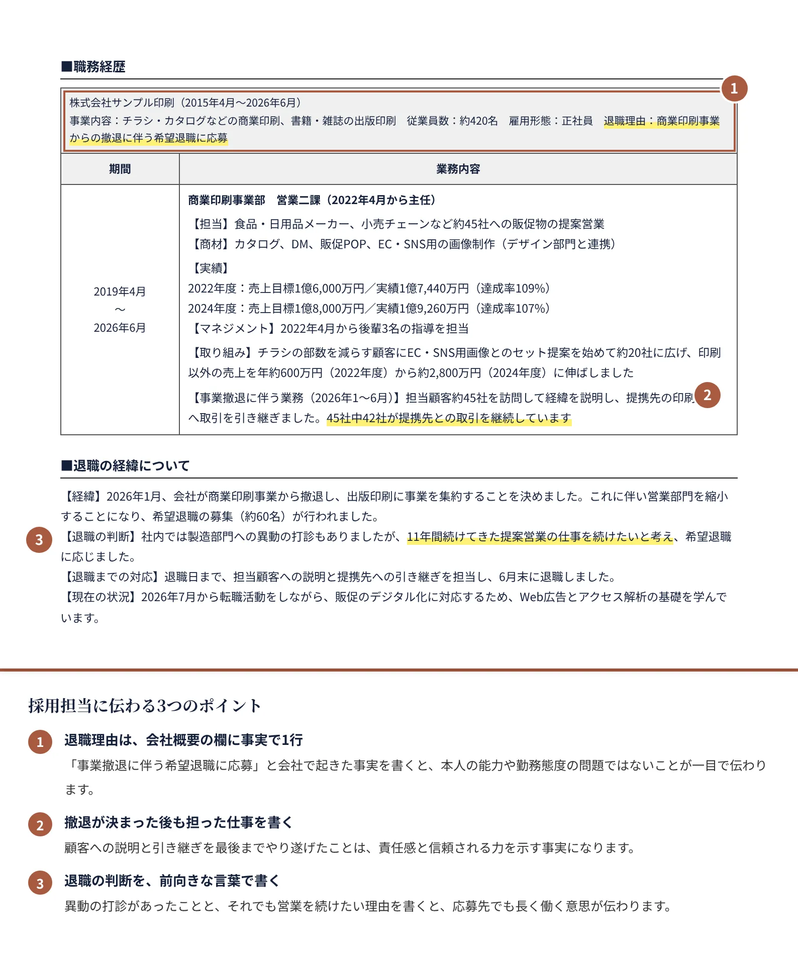 会社都合で退職した人の職務経歴書の書き方のポイント（注釈付きの記入見本）
