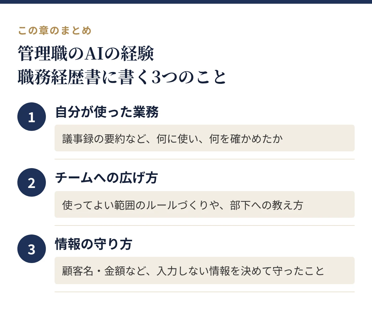 管理職がAIの経験を職務経歴書に書くときの3つのこと:自分が使った業務、チームへの広げ方、情報の守り方
