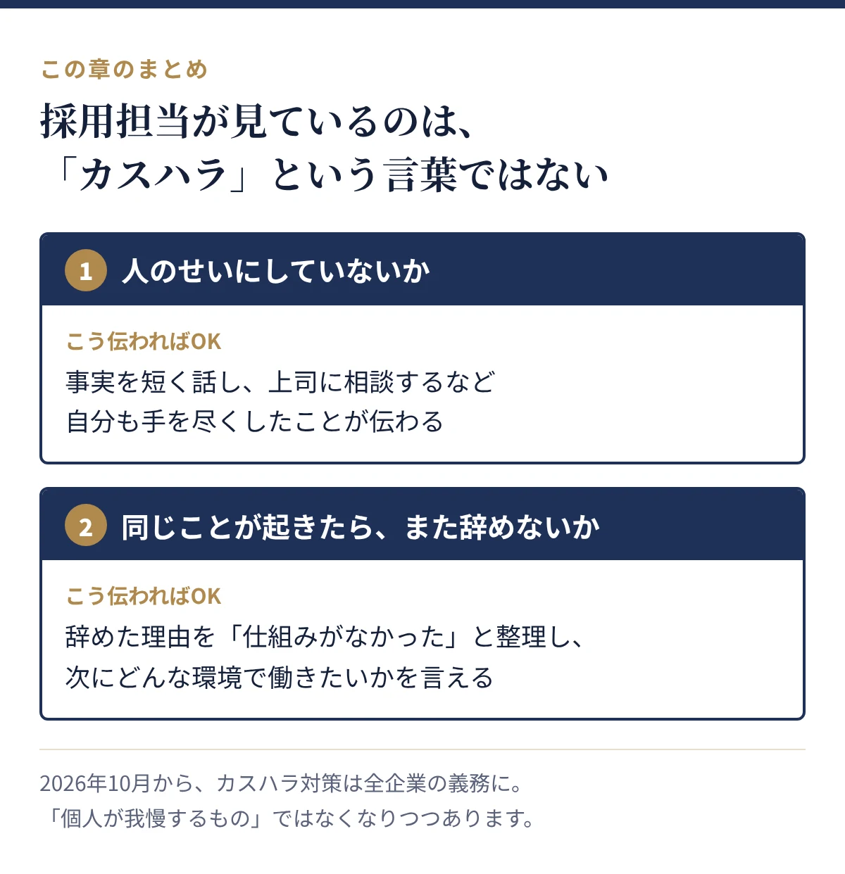 採用担当が見ているのは、人のせいにしていないか、同じことが起きたらまた辞めないか、の2つ