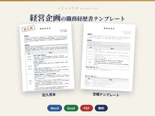経営企画の職務経歴書テンプレート｜記入見本・書き方ガイド付き（Word・Excel・PDF）