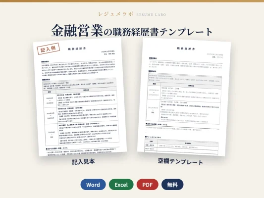 金融営業の職務経歴書テンプレート｜記入見本・書き方ガイド付き（Word・Excel・PDF）