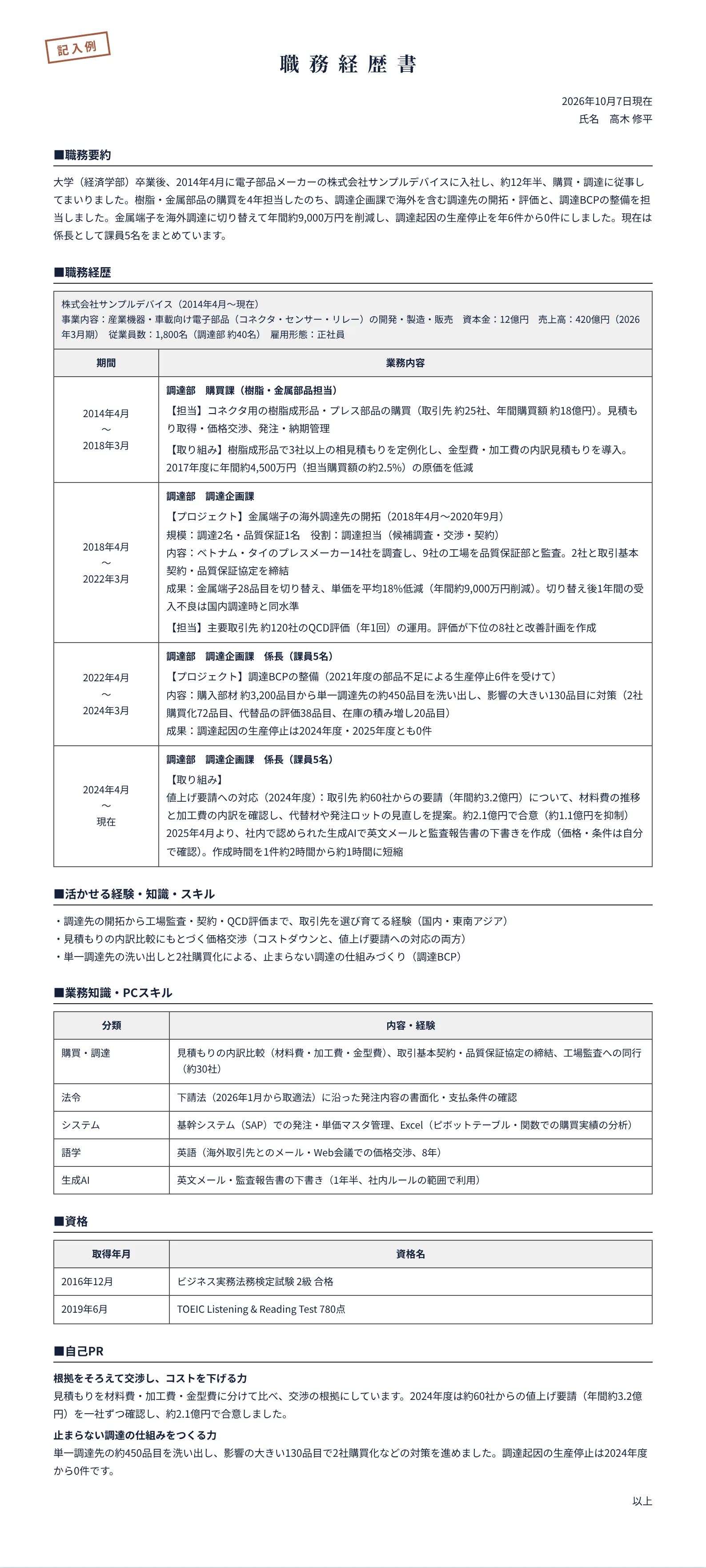 購買・調達の職務経歴書の記入例(電子部品メーカー 約12年半)