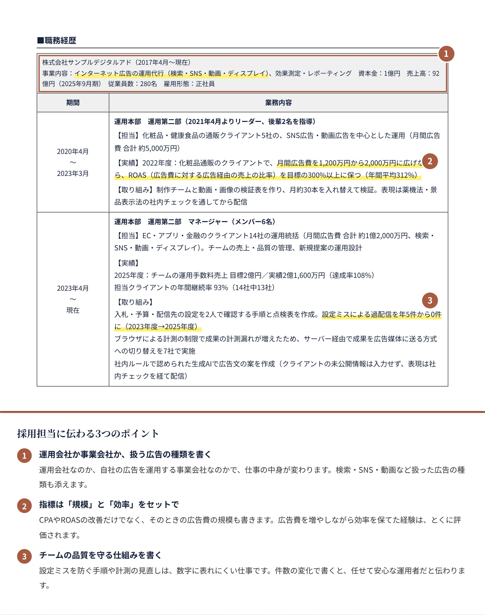 広告運用の職務経歴書の書き方のポイント（注釈付きの記入見本）