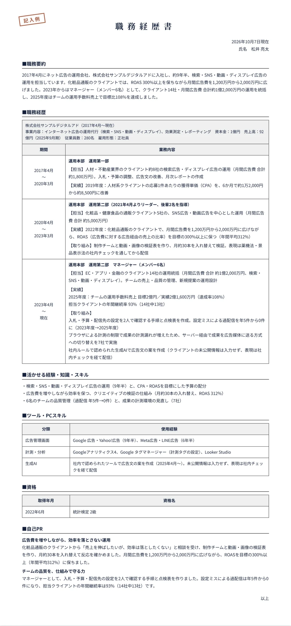 広告運用の職務経歴書の記入例(ネット広告の運用会社で約9年半、マネージャー)
