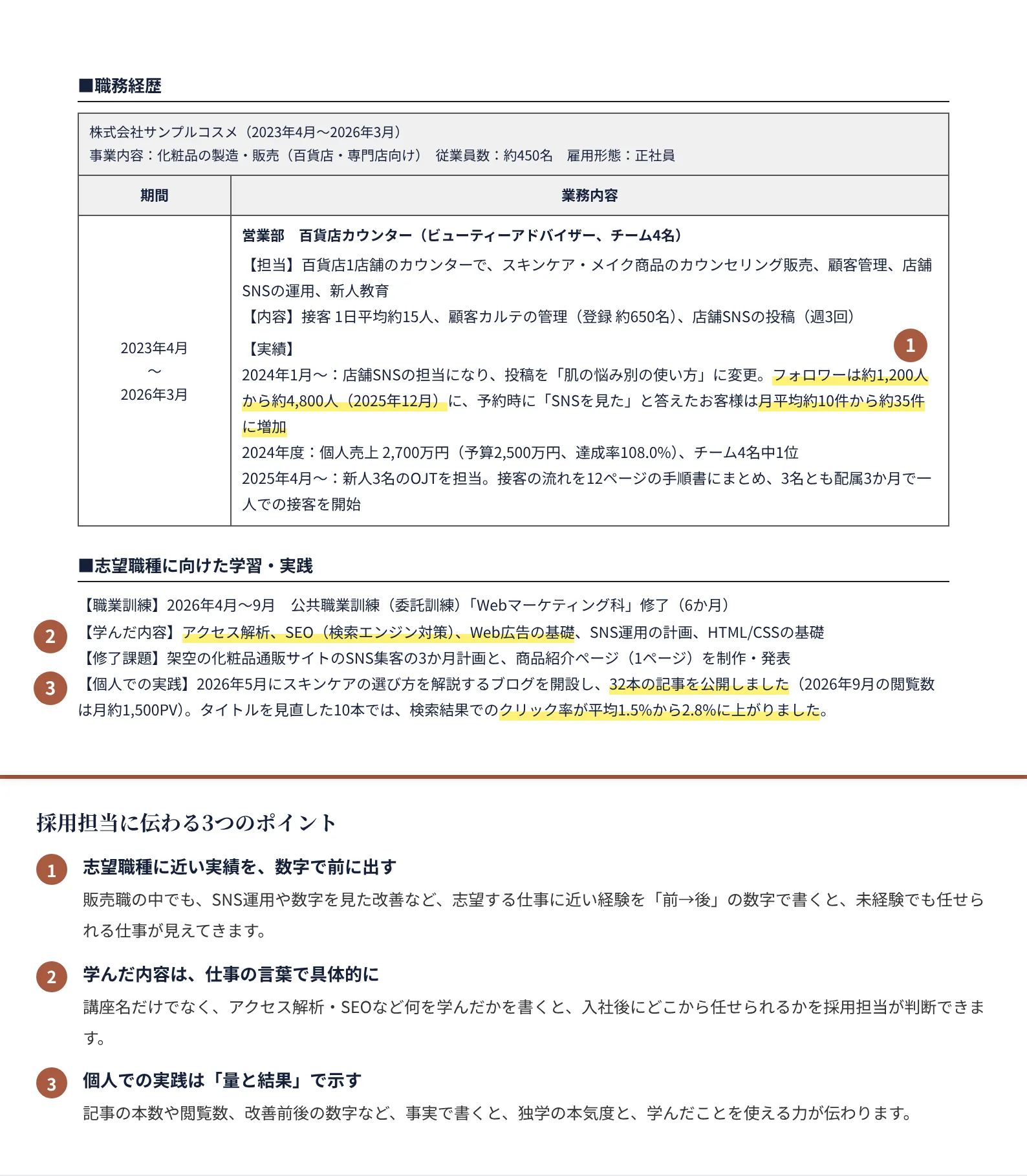 未経験の職種に挑戦する人の職務経歴書の書き方のポイント（注釈付きの記入見本）