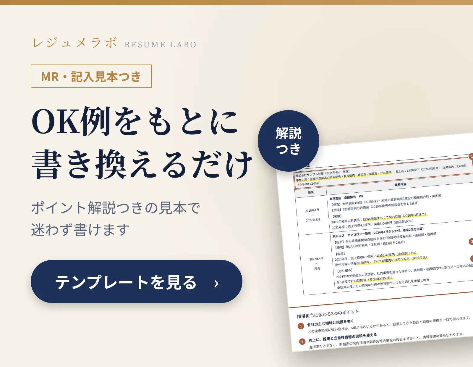 MRの職務経歴書の記入見本つきテンプレート