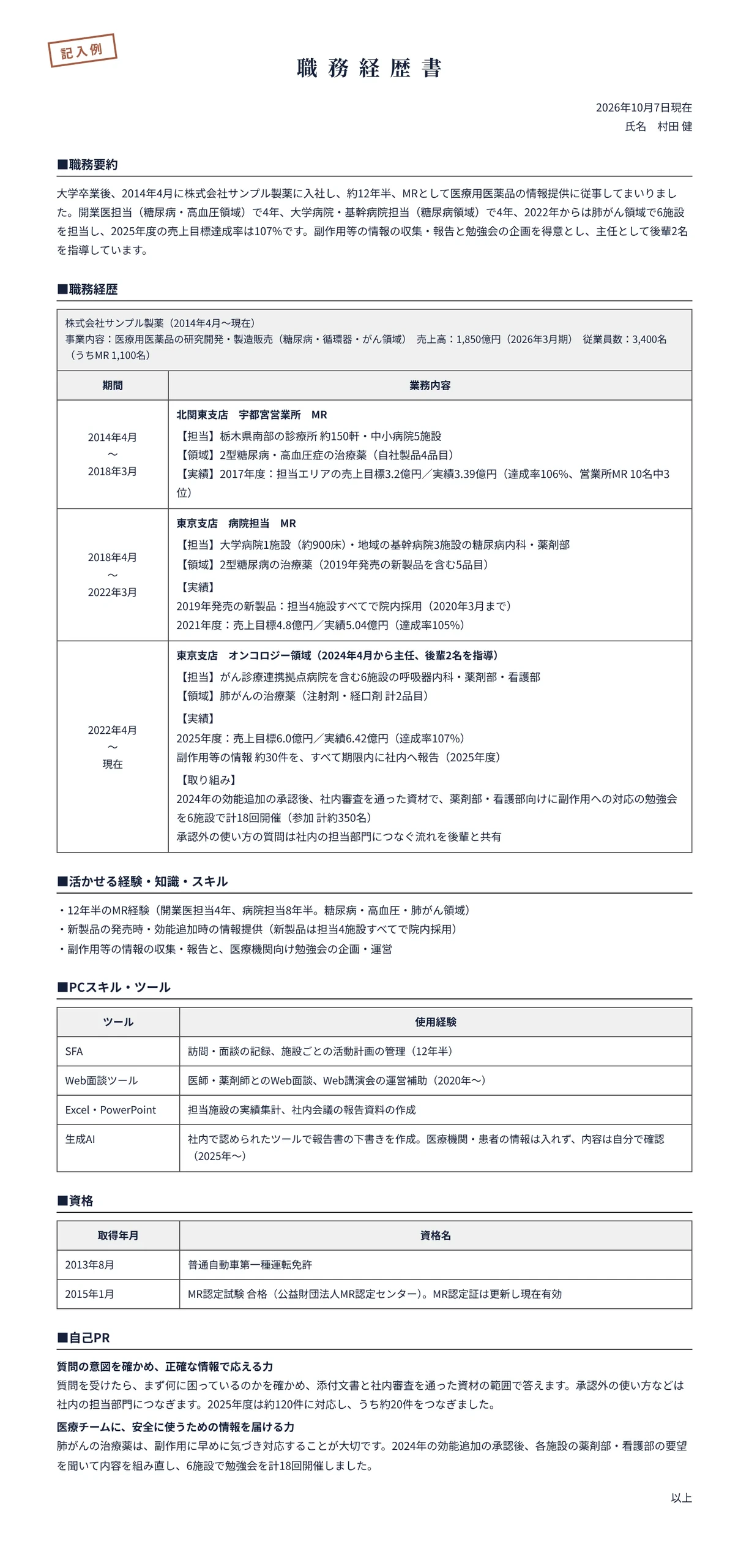 MRの職務経歴書の記入例(製薬会社 12年半・主任)