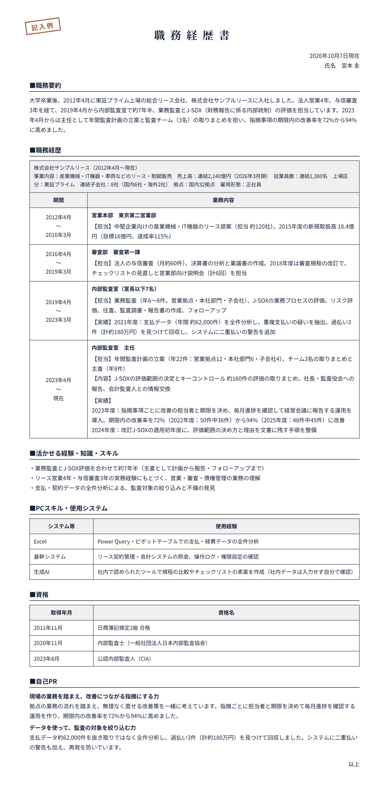 内部監査の職務経歴書の記入例(上場リース会社の内部監査 約7年半)