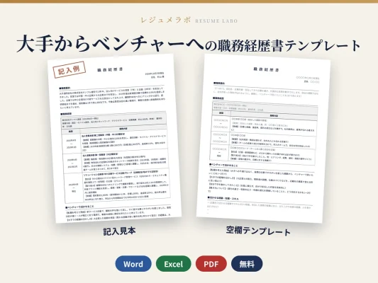 大手からベンチャーへ転職する人の職務経歴書テンプレート｜記入見本・書き方ガイド付き（Word・Excel・PDF）