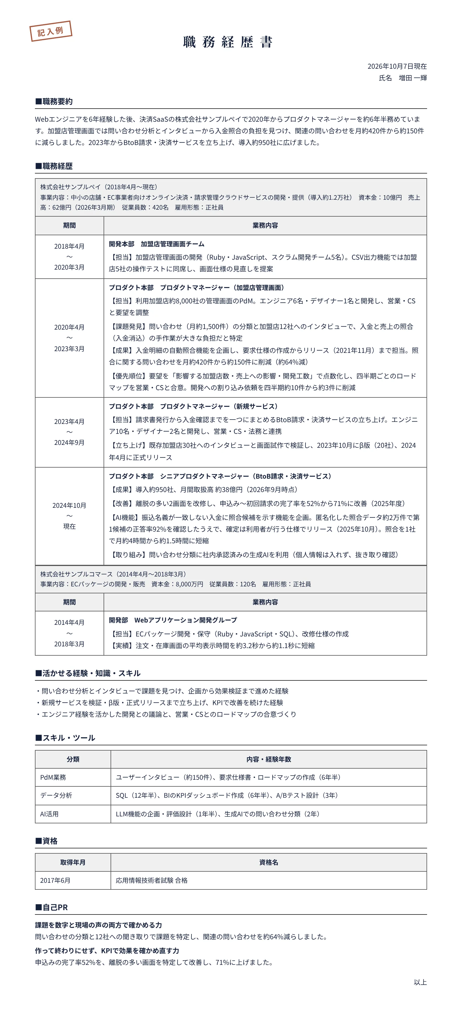 プロダクトマネージャーの職務経歴書の記入例(決済SaaS・PdM6年半)