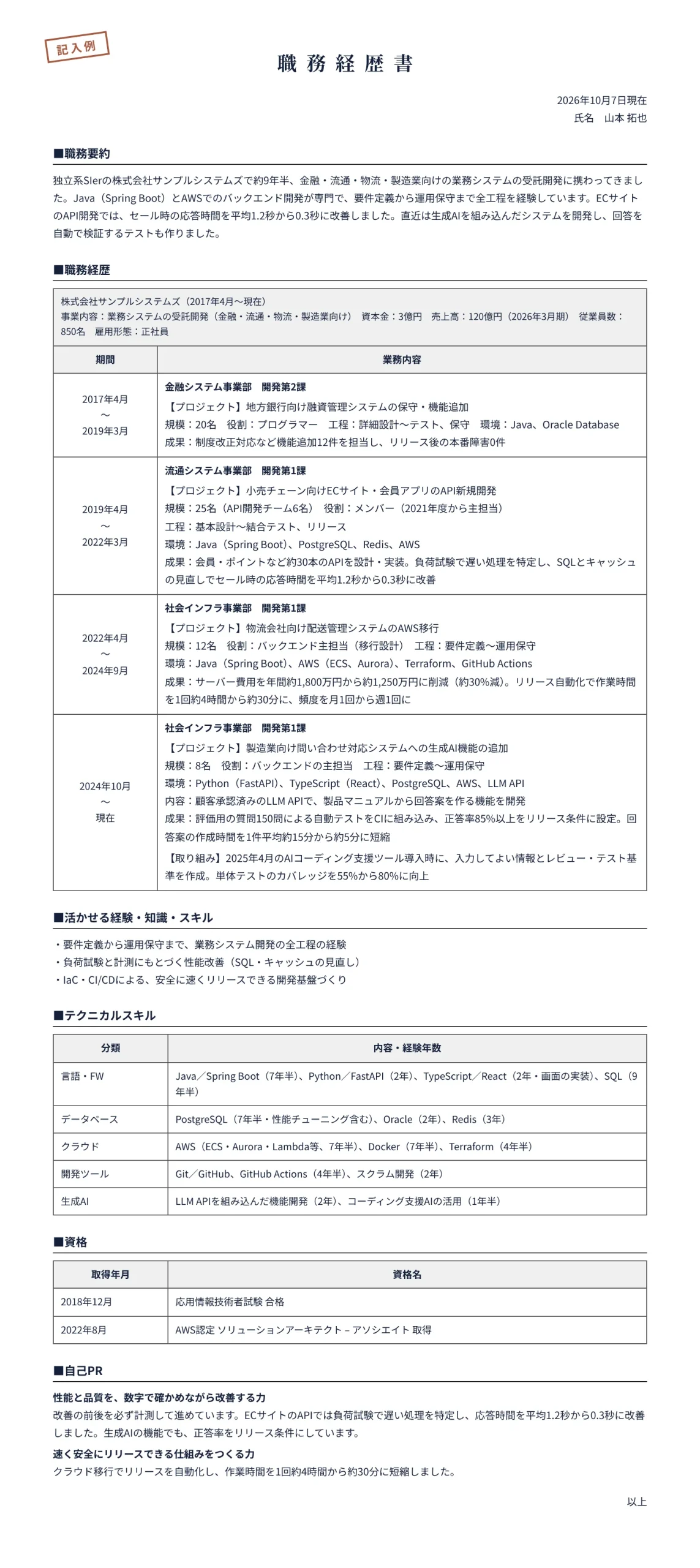 SE(システムエンジニア)の職務経歴書の記入例(SIer・バックエンド開発9年半)