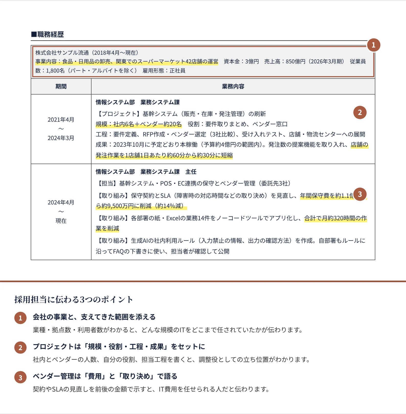 社内SEの職務経歴書の書き方のポイント（注釈付きの記入見本）