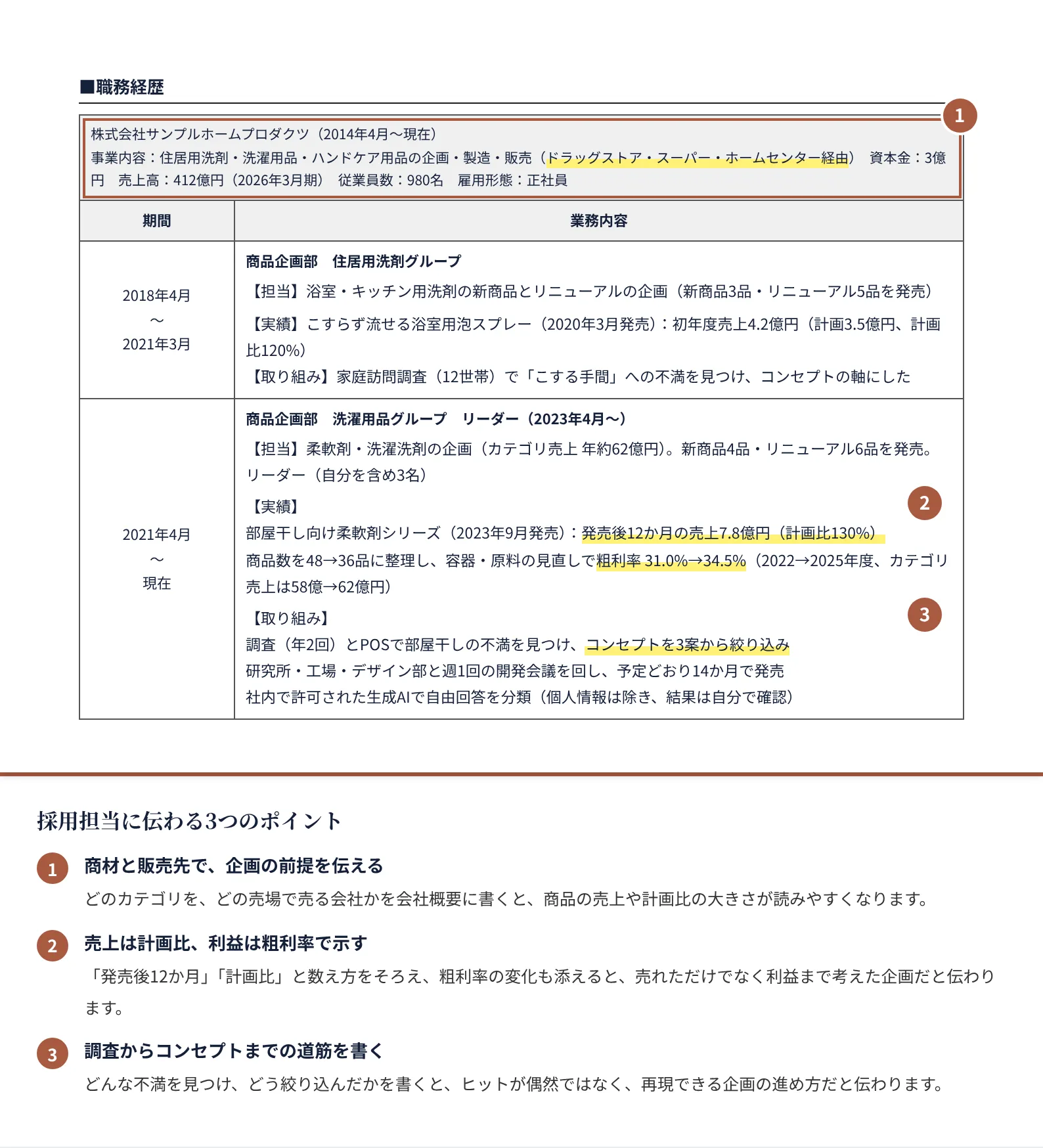 商品企画の職務経歴書の書き方のポイント（注釈付きの記入見本）
