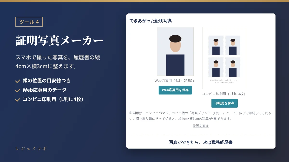 証明写真メーカーの画面。Web応募用とコンビニ印刷用の証明写真データ