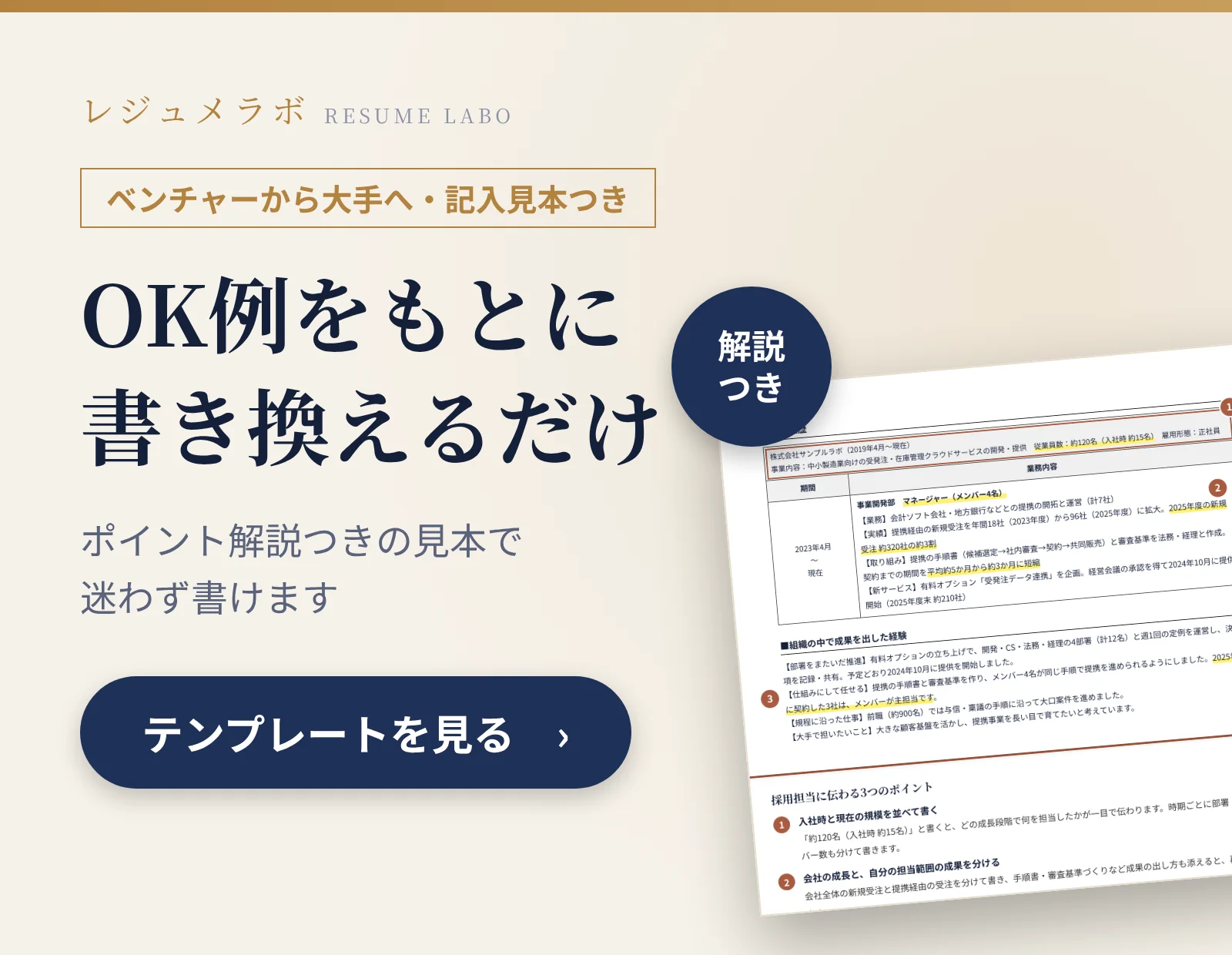 ベンチャーから大手へ転職する人の職務経歴書の記入見本つきテンプレート