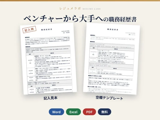 ベンチャーから大手へ転職する人の職務経歴書テンプレート｜記入見本・書き方ガイド付き（Word・Excel・PDF）