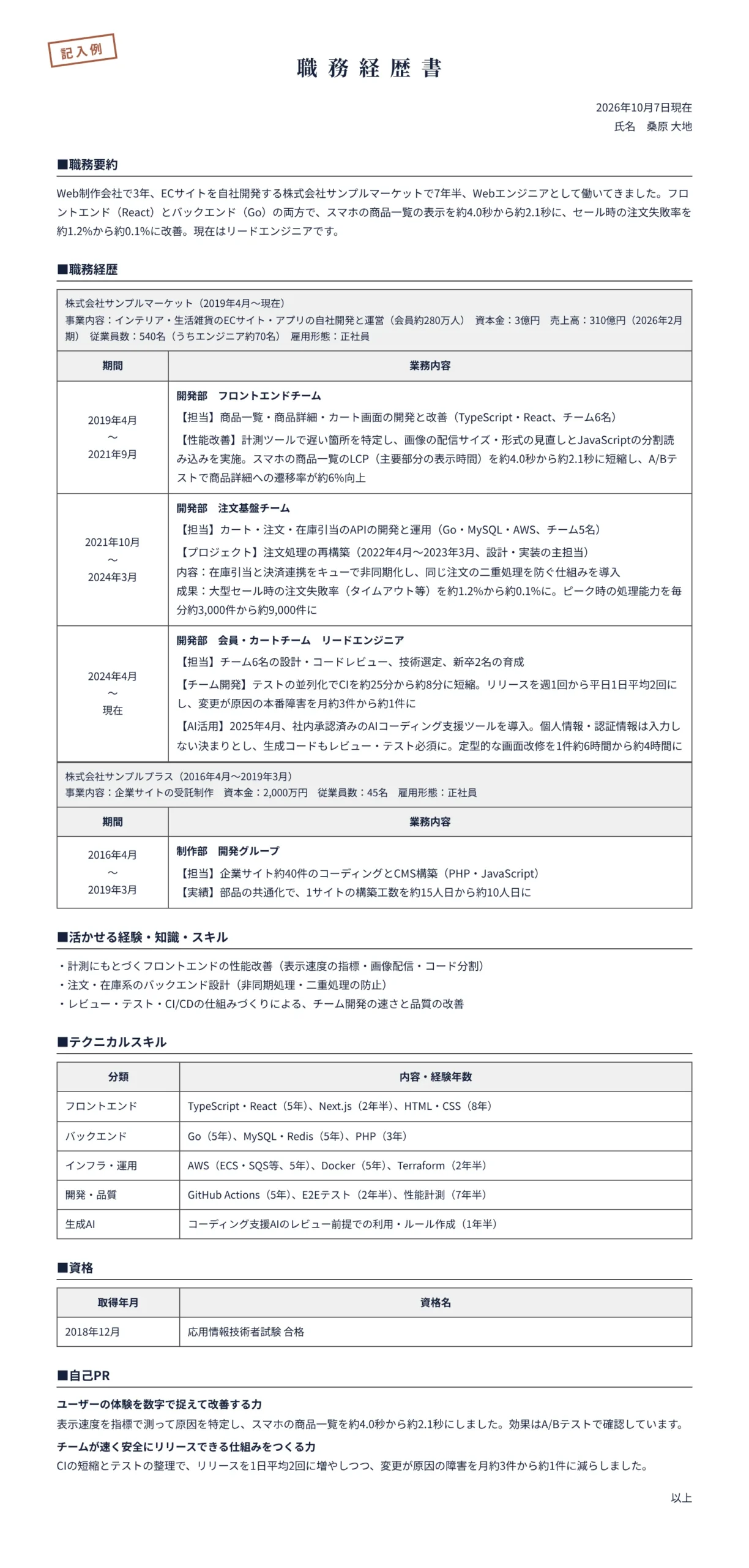 Webエンジニアの職務経歴書の記入例(Web制作会社3年・ECサイトの自社開発7年半)
